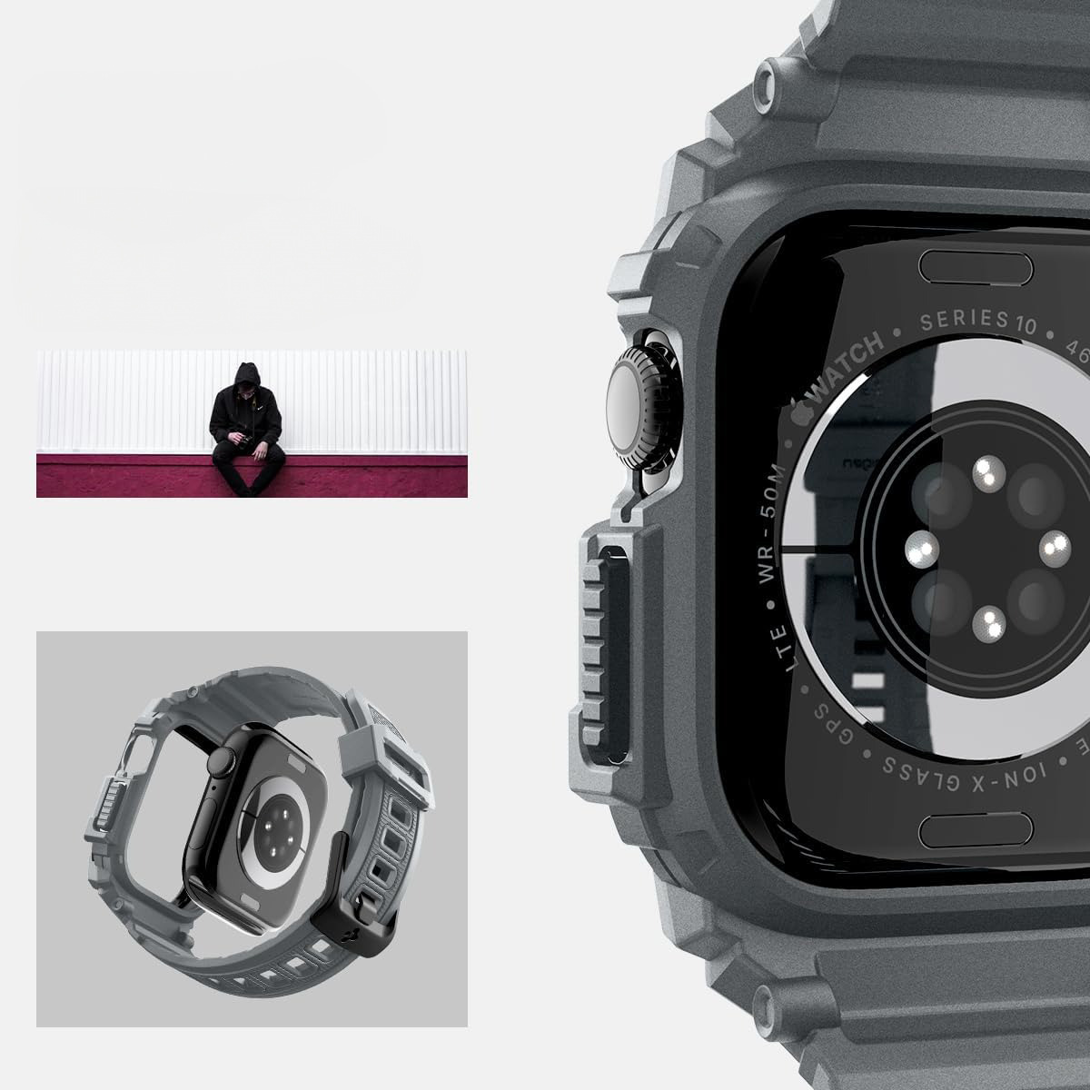 Etui z paskiem Spigen Rugged Armor Pro do Apple Watch 10 46 mm, szare